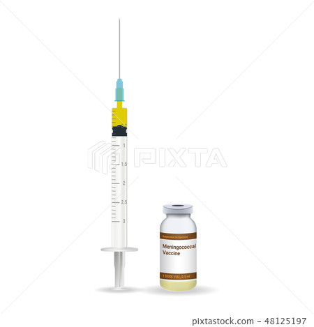 Immunization, Meningococcal Vaccine Plastic Medical Syringe With Needle And Vial Isolated On A White 48125197