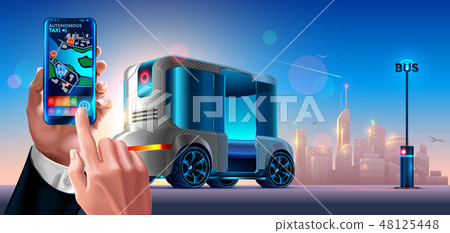 Autonomous driverless shuttle public bus. Automated self-driving vehicle system in city. Passenger Autonomous driverless shuttle public bus. Automated self-driving vehicle system in city. Passenger 48125448