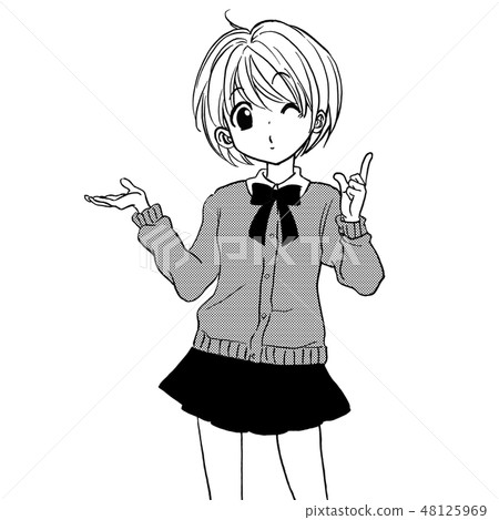 [School girl spirit] Uniform finger pointing wink monochrome monochrome monochrome black and white tone screen 48125969