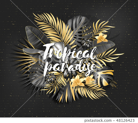 Summer tropical leaf background with exotic palm leaves. Handwriting lettering Tropical paradise 48126423