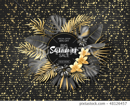 Tropical Hawaiian sale poster with palm leaves and exotic flowers on a cold and black background Tropical Hawaiian sale poster with palm leaves and exotic flowers on a cold and black background 48126457