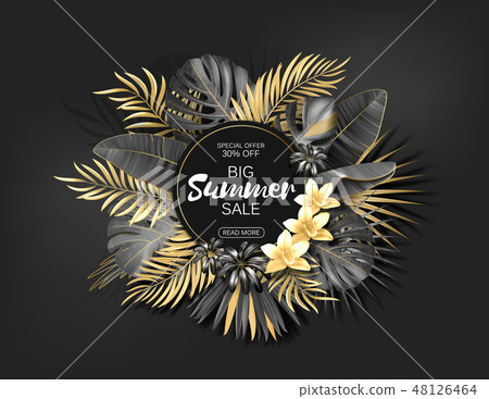 Tropical Hawaiian sale poster with gold and black palm leaves and exotic flowers on a dark gray Tropical Hawaiian sale poster with gold and black palm leaves and exotic flowers on a dark gray 48126464