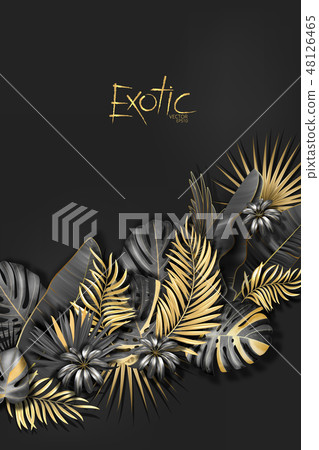 Vector tropical banner with gold and black exotic leaves on dark gray background. Luxury exotic 48126465