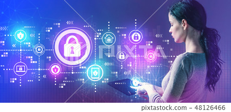 Cyber security with woman using a tablet Cyber security with woman using a tablet 48126466