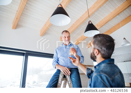 A senior man helping his son with furnishing new house, a new home concept. A senior man helping his son with furnishing new house, a new home concept. 48126536