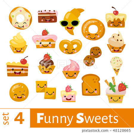 Vector set of cute funny emoji sweet food icons.  48128665
