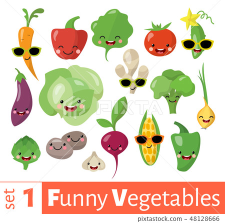 Vector set of cute funny emoji vegetables food icons.  48128666