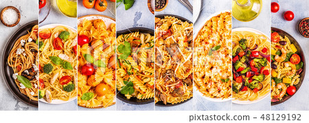 Collage of various pasta dishes. Collage of various pasta dishes. 48129192