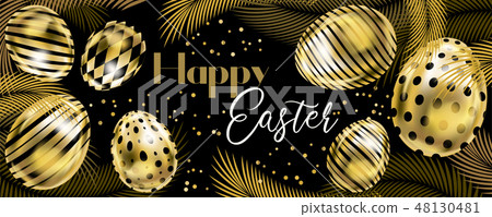 Happy Easter banner with golden eggs and palm 48130481