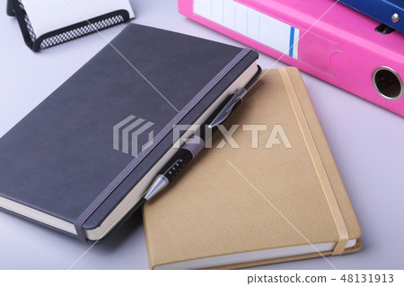Folder file, note and pen on the desk. blurred background. 48131913