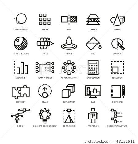 Cad designer, future innovation, database, architecture, 3d model printing vector line icons 48132611