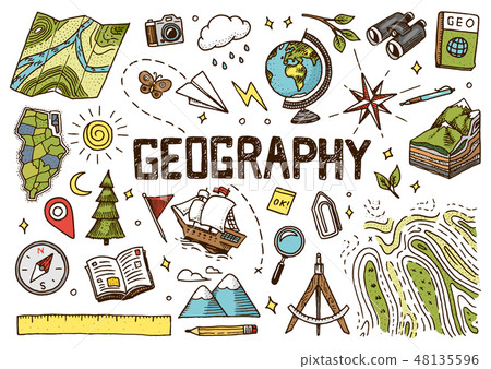 Set of geography symbols. Equipments for web... - Stock Illustration ...