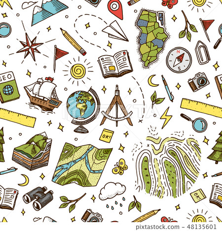 Geography symbols seamless pattern. Equipments… - Stock Illustration