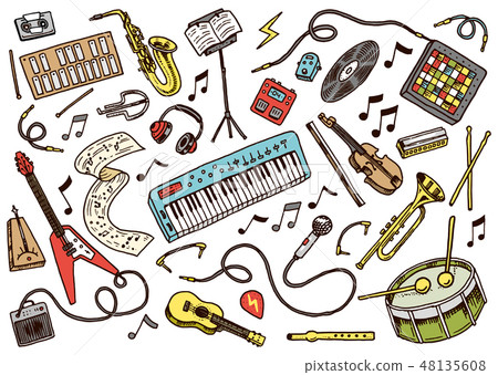 Set of musical symbols and icons. Guitar Drums Piano, creative tools and hobbies. Vintage outline 48135608