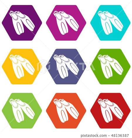 Black flippers for diving icons set 9 vector 48136387