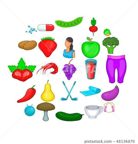 Low calorie icons set, cartoon style Low calorie icons set, cartoon style 48136870