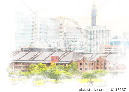 Yokohama Minato Mirai watercolor painting in the evening Yokohama Minato Mirai watercolor painting in the evening 48138387