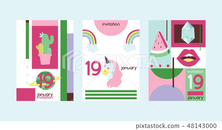 Cartoon vector girlish accessories lipstick icecream kids unicorn rainbow and doghnut illustration 48143000