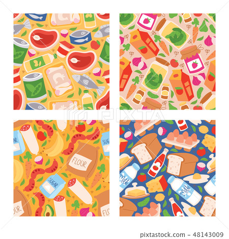 Food vector seamless pattern meal vegetables fruits and fish sausages from supermarket or grocery 48143009