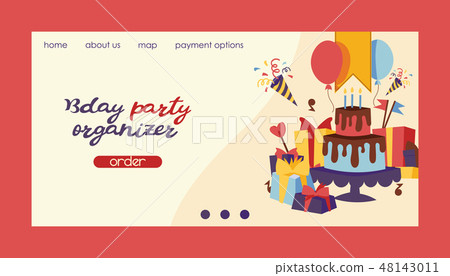 Birthday party vector anniversary landing page design cartoon kids happy birth cake or cupcake 48143011