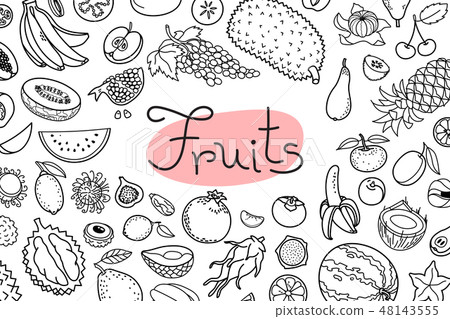 Background with various fruits and an inscription for menu design, recipes and product packaging 48143555