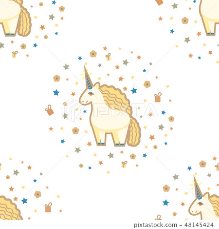 Seamless Pattern with Cute Unicorn Stars Flowers and Gifts Seamless Pattern with Cute Unicorn Stars Flowers and Gifts 48145424
