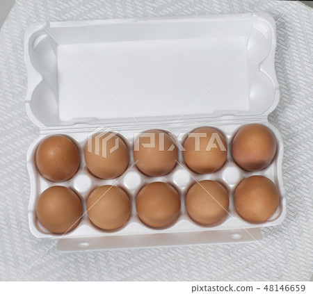 chicken eggs in a plastic container, top view 48146659