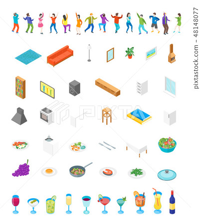 Home Party Concept with Furniture and People Set Isometric View. Vector Home Party Concept with Furniture and People Set Isometric View. Vector 48148077