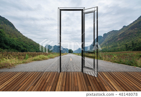 Landscape behind the opening door Landscape behind the opening door 48148078