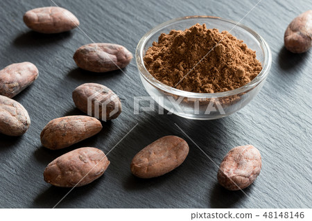 Raw unroasted cocoa powder with raw cacao nibs 48148146