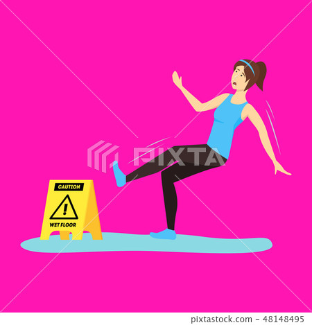 Cartoon Caution Wet Floor with Character Girl. Vector 48148495
