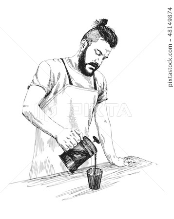 bearded barista in apron using shaker while working near coffee machine in  coffee shop Stock Photo by LightFieldStudios