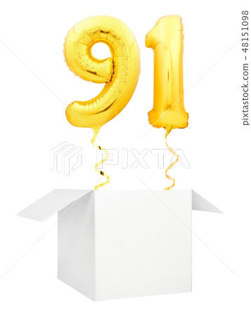Golden number ninety one inflatable balloon with golden ribbon flying out of blank white box 48151098