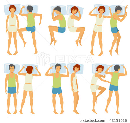 Dreaming man and woman, couple sleeping poses in bed vector collection 48151916