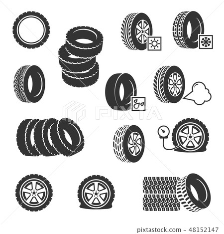 Tire shop, tyres change auto service vector icons set Tire shop, tyres change auto service vector icons set 48152147