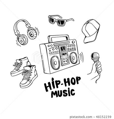 Hip-hop music set with boombox and various rapper style clothes and accessories. 48152239