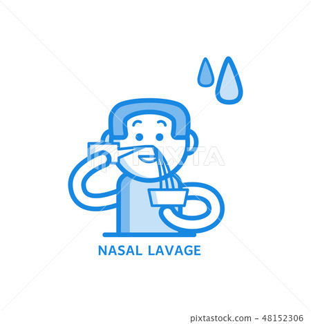 Nasal irrigation and lavage process line icon - man washing his sinuses in nose with water or 48152306