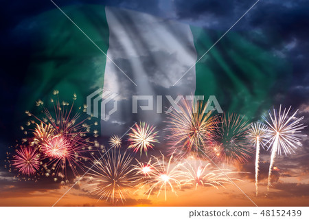 Fireworks and flag of Nigeria Fireworks and flag of Nigeria 48152439