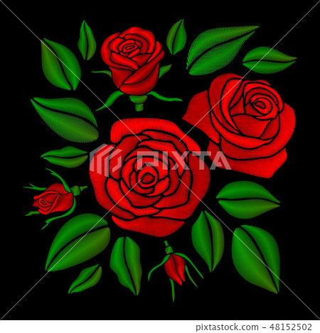 Embroidered red rose flowers vector set 48152502