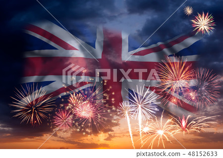Fireworks and flag of United Kingdom 48152633