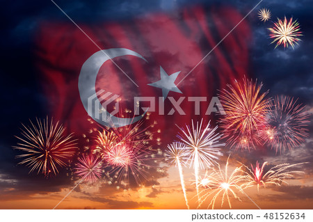 Fireworks and flag of Turkey Fireworks and flag of Turkey 48152634