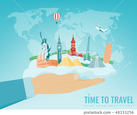 Travel composition with famous world landmarks. Travel and Tourism concept. Vector 48153256