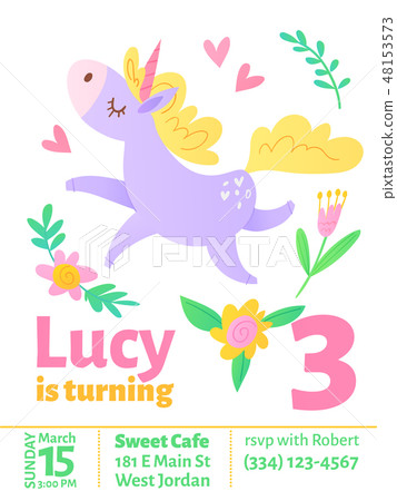 Cute vector birthday invitaition with dreaming unicorn 48153573