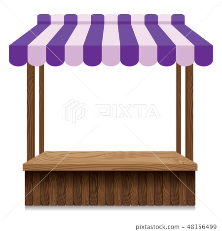 Wooden market stall with purple and pink awning. 48156499