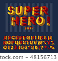 Super hero font. 3D alphabet letters and numbers in a comics style. 48156713