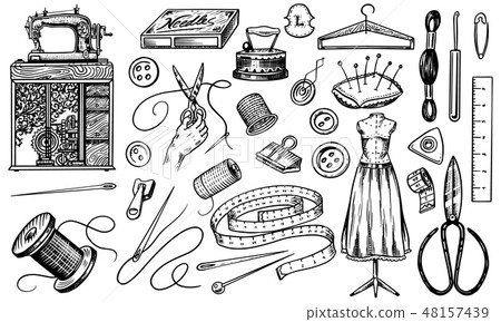 Sewing Illustrations Bundle, Hand Drawn Sewing Kit, Vintage Sewing