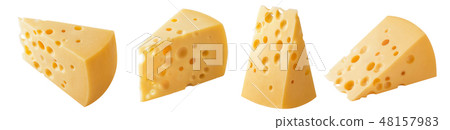 Set of triangular cheese pieces isolated on white Set of triangular cheese pieces isolated on white 48157983