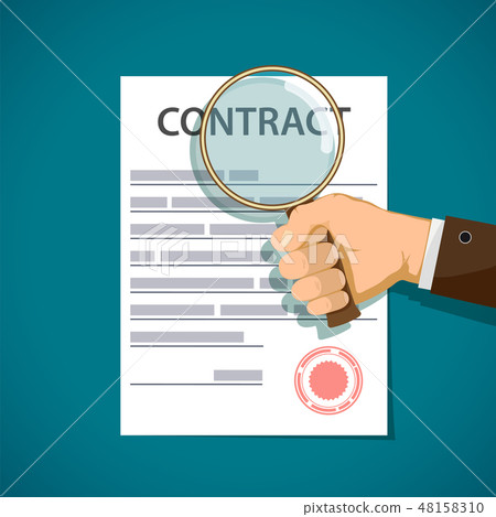 Man holding a magnifying glass and study contract. Man holding a magnifying glass and study contract. 48158310