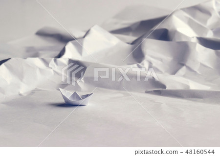 Origami concept. Boat at a rocky bay Origami concept. Boat at a rocky bay 48160544