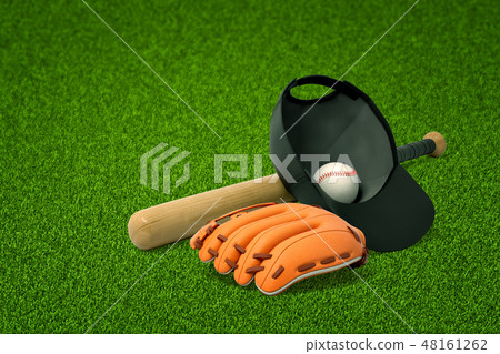 3d rendering of a baseball bat, a cap with a baseball inside, and a baseball glove lying on fresh 48161262